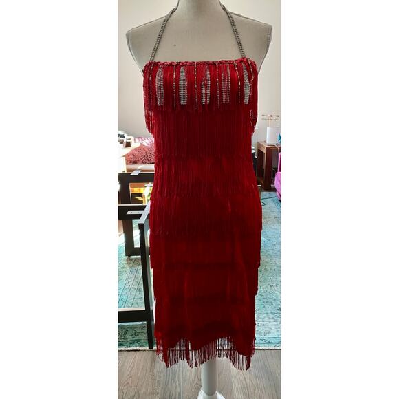 Red 1920s Flapper Dress Costume Set Headpiece Gloves Boa Wig Necklace Sz 4 Small - Picture 15 of 16